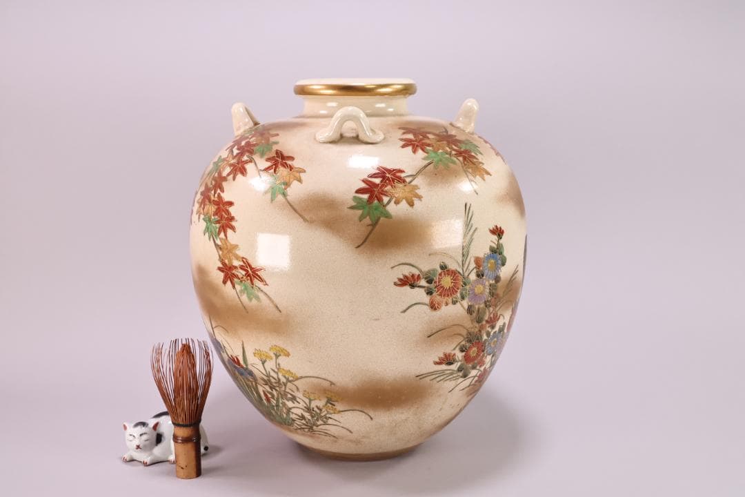 仁清 写　 色絵 金雲菊花御所車図　四耳壺　茶壺　花瓶　壷　花器　BK49