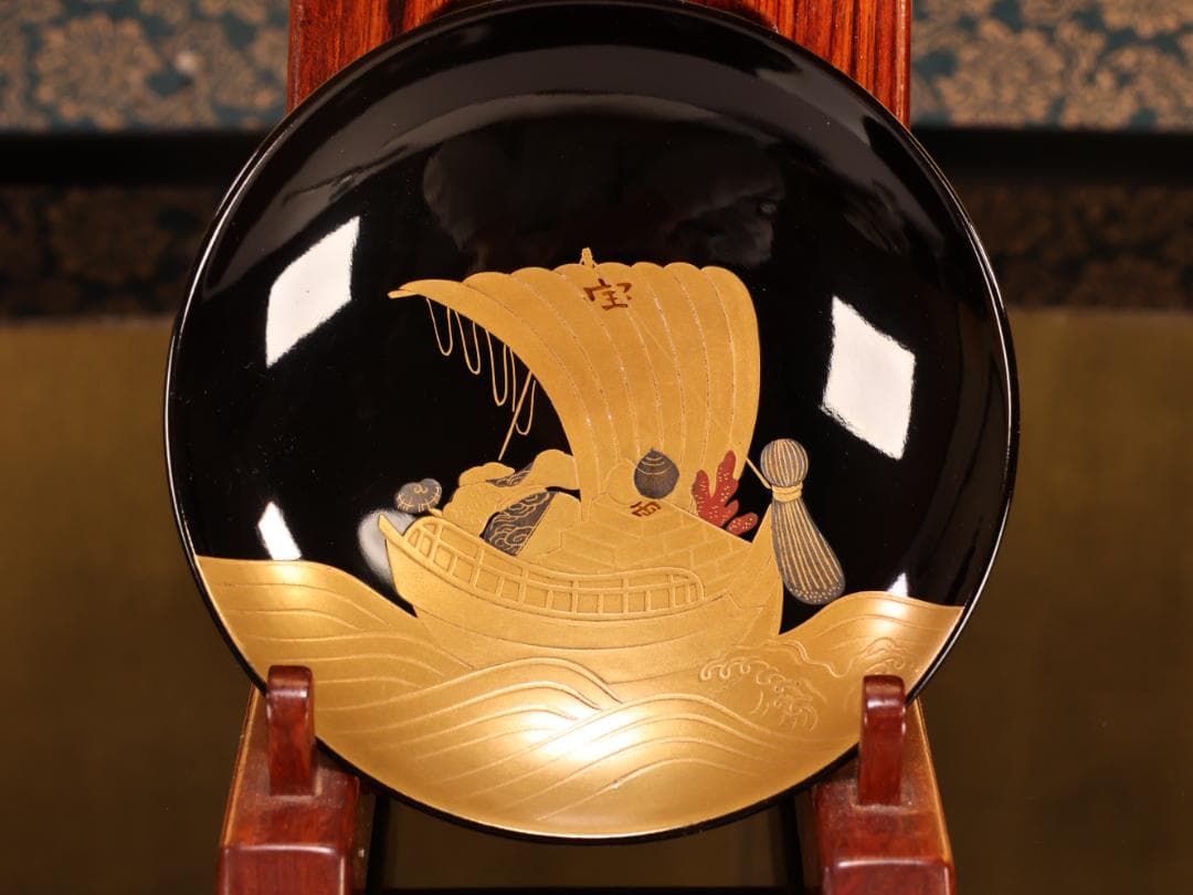 BK407　時代輪島塗　宝船図金蒔絵　波千鳥　吸物椀　1客　木製　茶道具 懐石