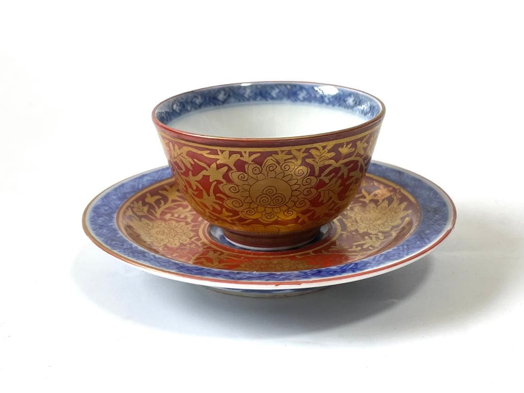 陶芸家　作家物　須田菁華　青華　金襴手台付盃　煎茶碗　杯　カップ　共箱　魯山人