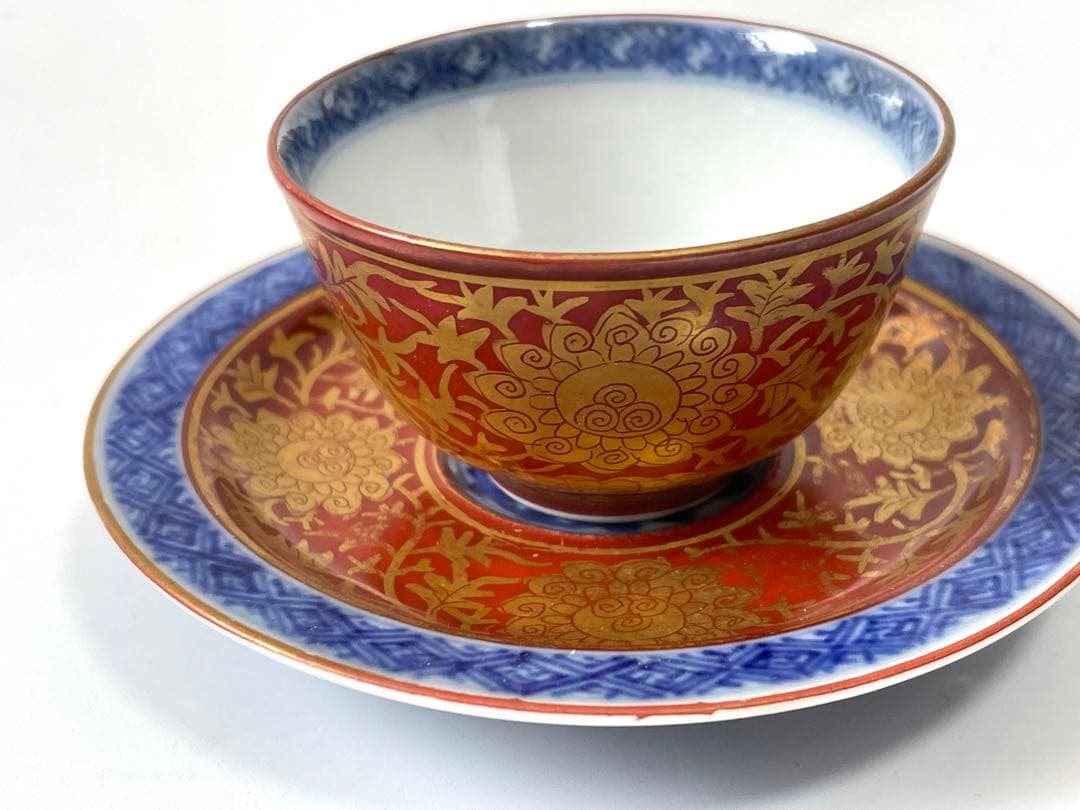 陶芸家　作家物　須田菁華　青華　金襴手台付盃　煎茶碗　杯　カップ　共箱　魯山人