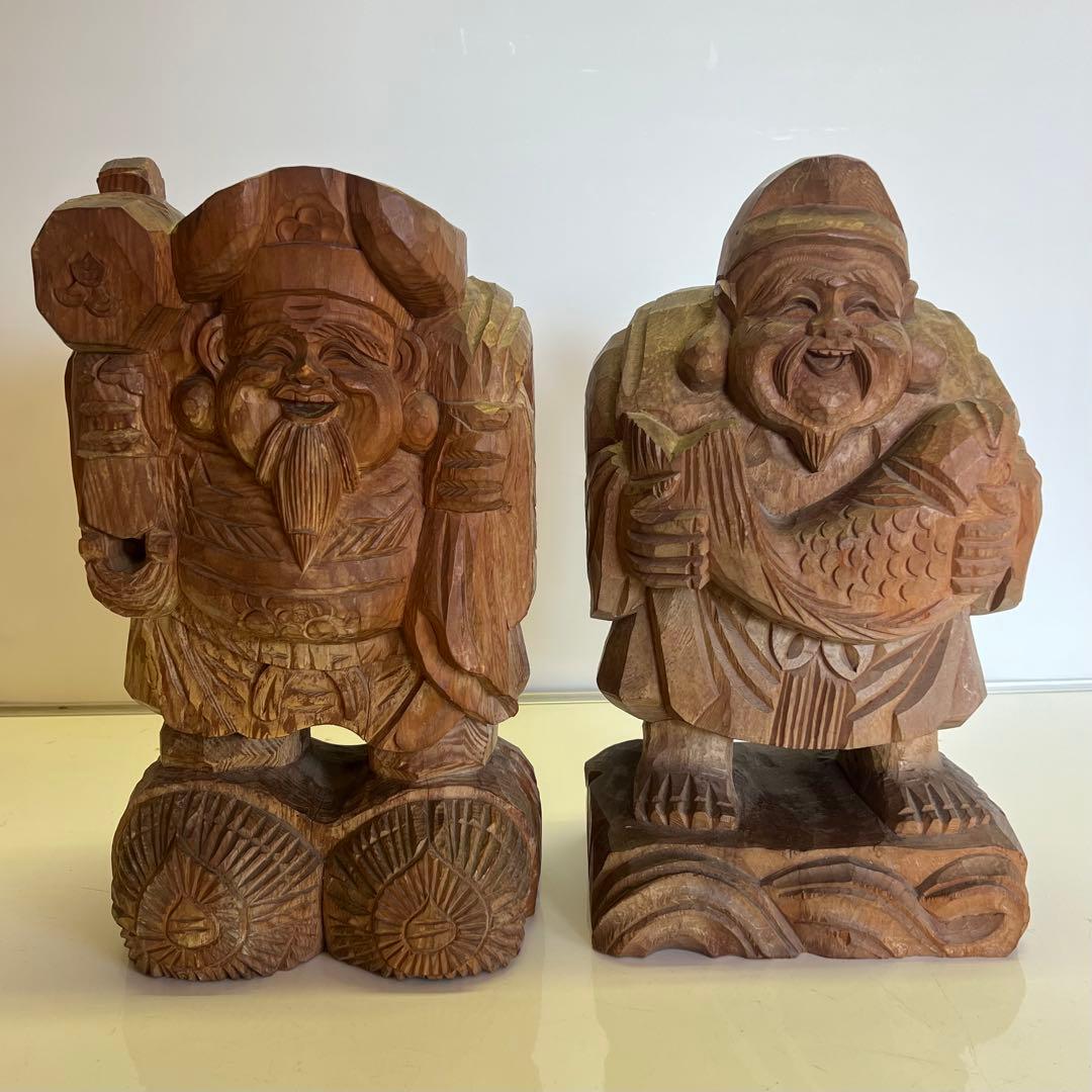 明治期 木彫 恵比寿大黒像 一対 商売繁盛 福神像 高さ35cm◎古美術 庵々