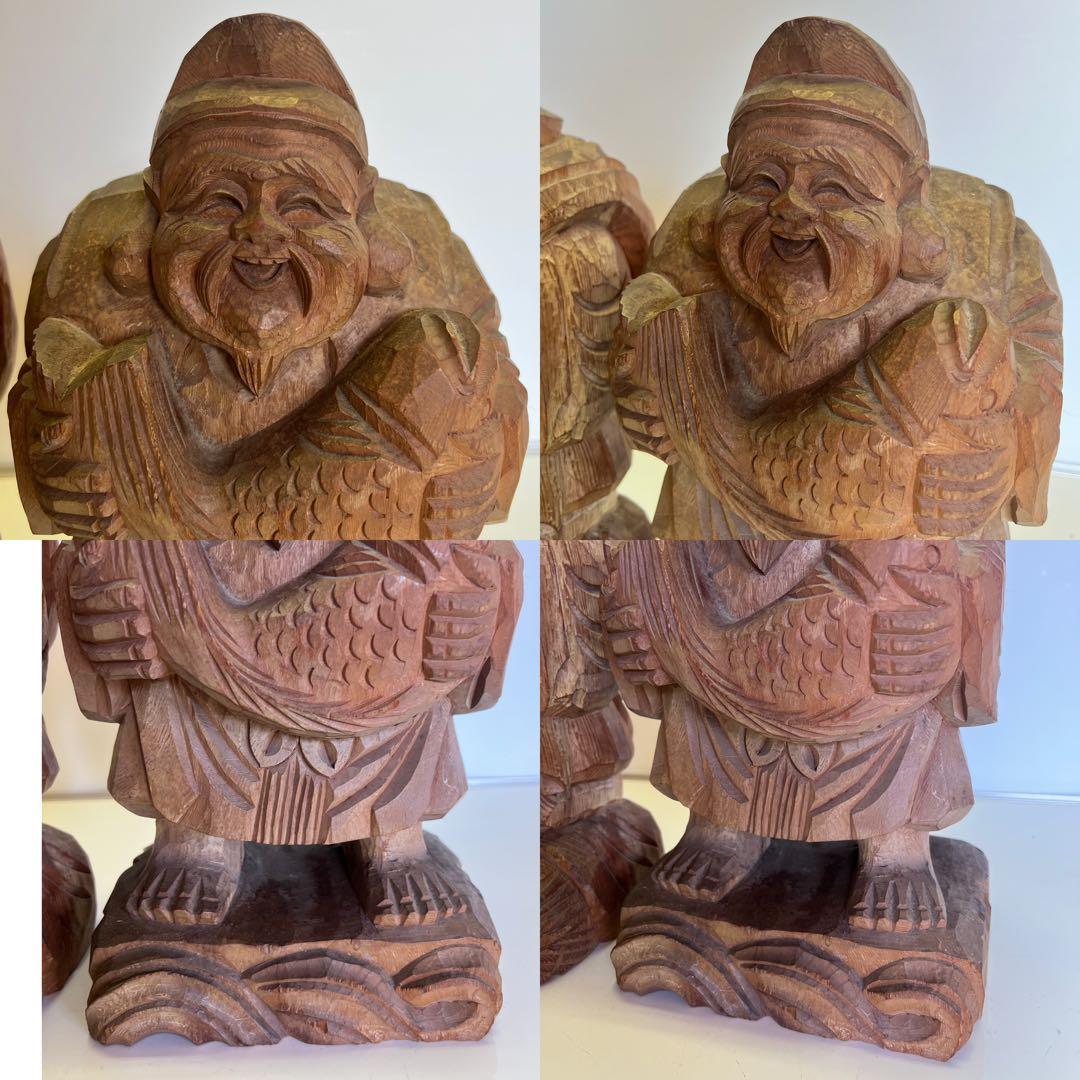 明治期 木彫 恵比寿大黒像 一対 商売繁盛 福神像 高さ35cm◎古美術 庵々