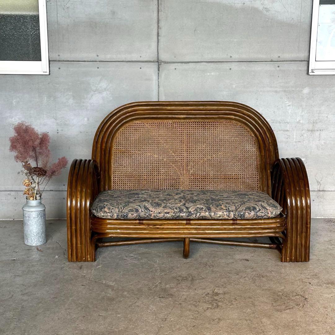 ✿アジアンリゾートポップ✿籐フレーム 2人掛け　ラブソファ　オールドラタン