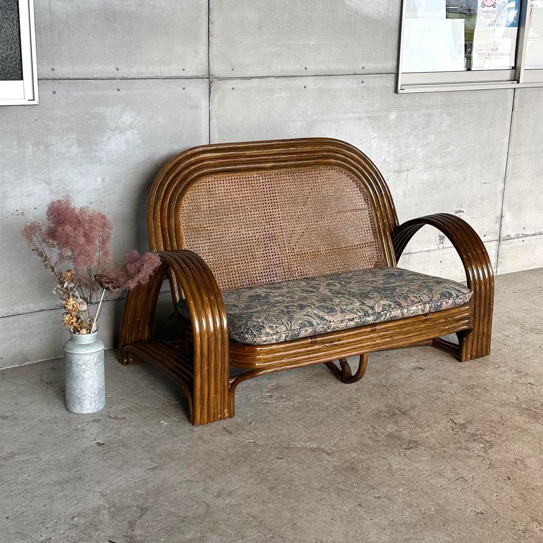 ✿アジアンリゾートポップ✿籐フレーム 2人掛け　ラブソファ　オールドラタン