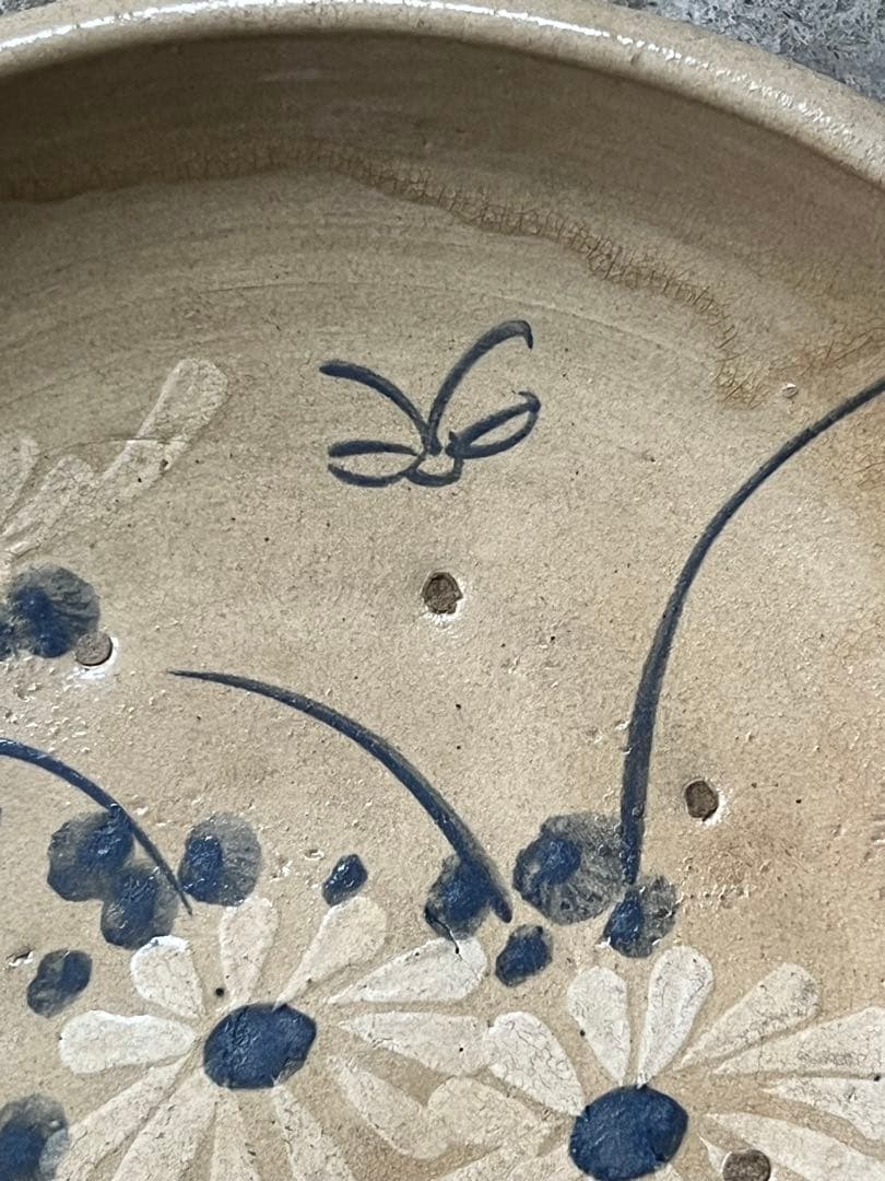 瀬戸菊繪石皿 ／ 江戸時代　共箱付 呉須大皿 径370mm 古瀬戸 民藝