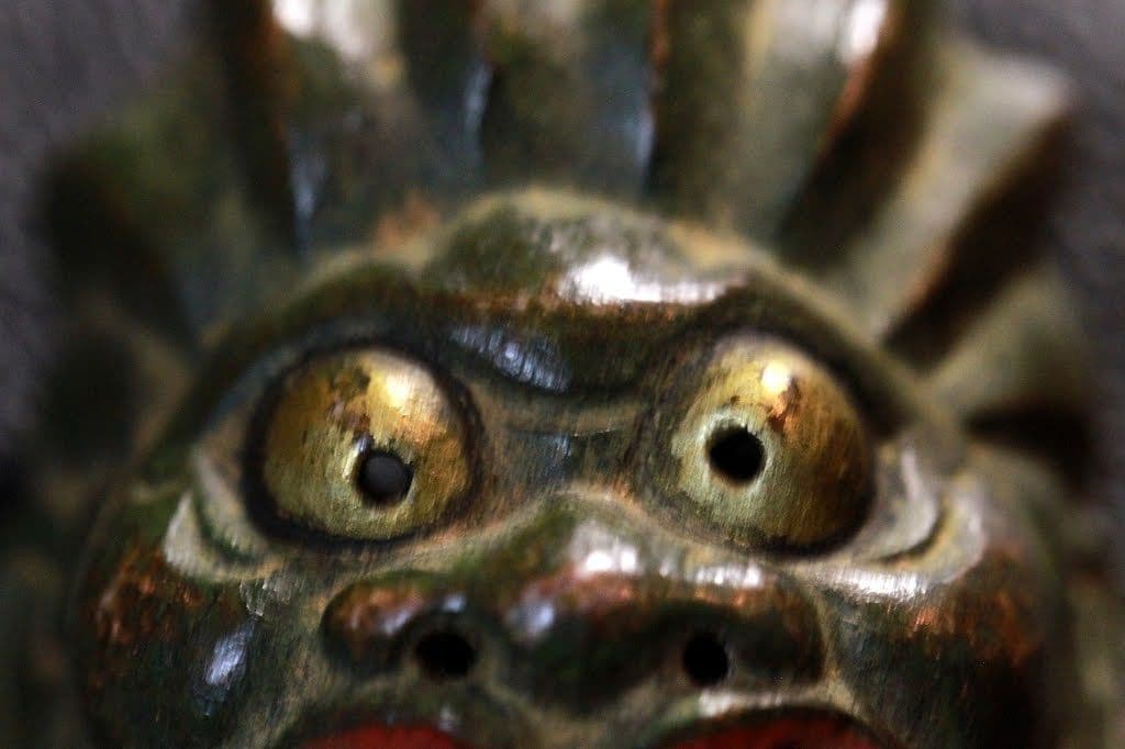 兎門 在銘 柘植彫 彩色 面根付 「雅楽面」 江戸時代