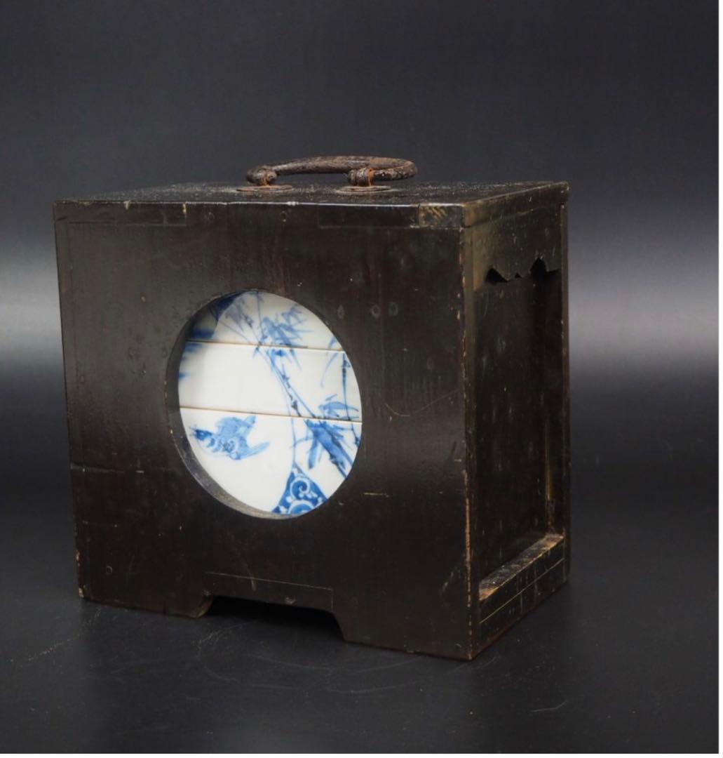 送料無料 明治7年(1874年)購入　青花四君子鳥図三重箱　共箱★大珍品★