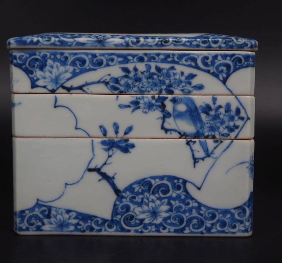 送料無料 明治7年(1874年)購入　青花四君子鳥図三重箱　共箱★大珍品★