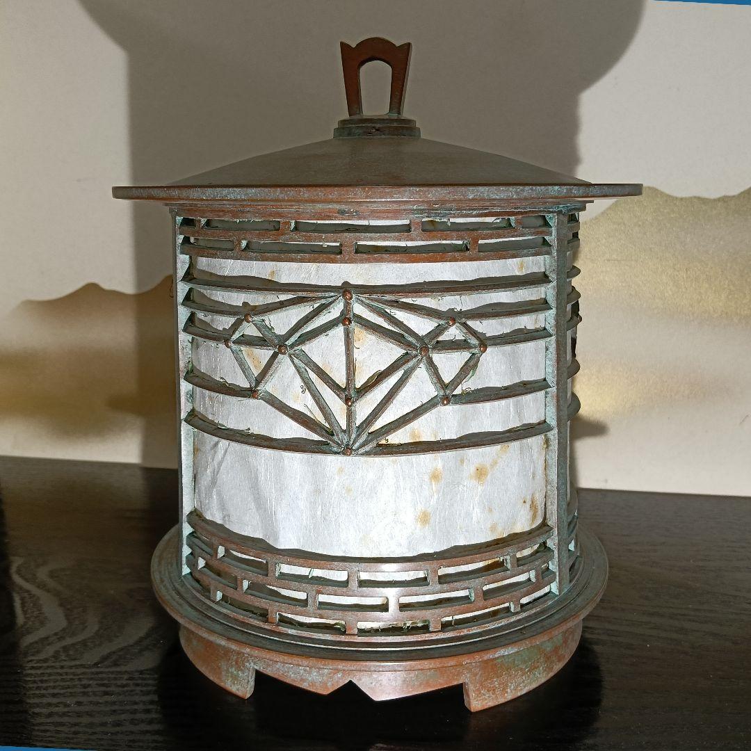 AN46 高岡銅器 名工 釣燈籠 釣灯籠 幾何文透かし 円筒型 青銅 共箱