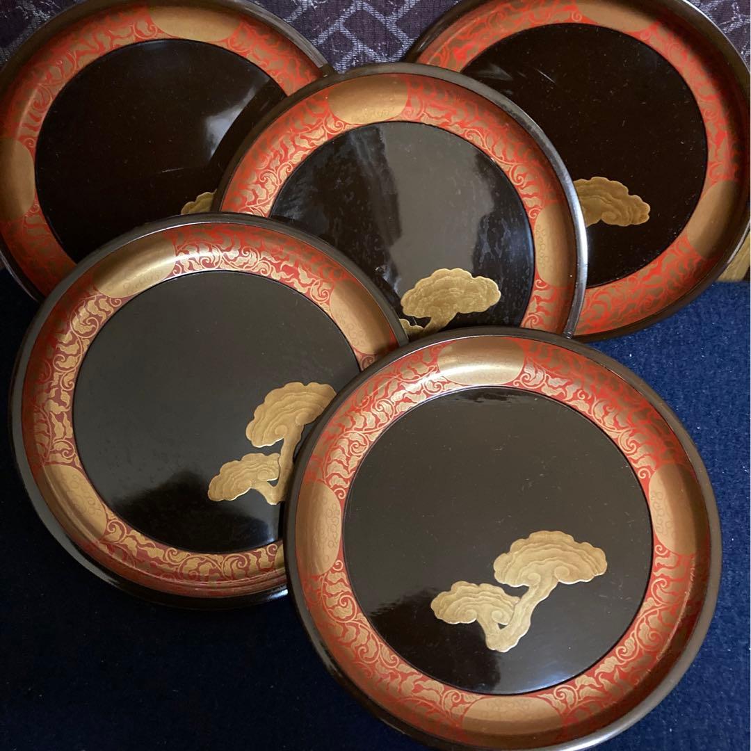 研出蒔絵　霊芝紋木皿　五枚組