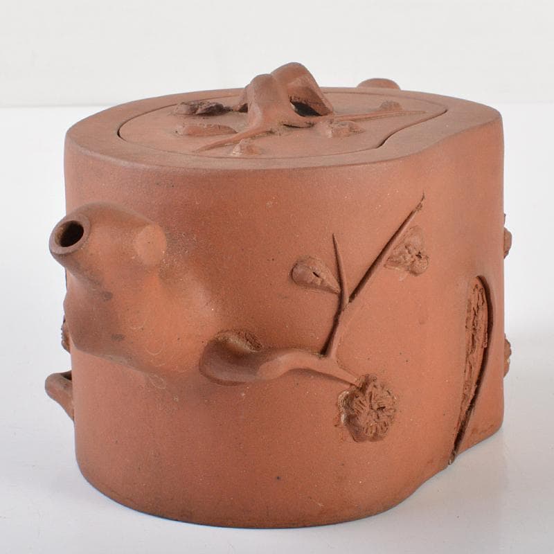 中国　宣興紫砂　朱泥　刻梅文　急須　茶壷　Y　R6553