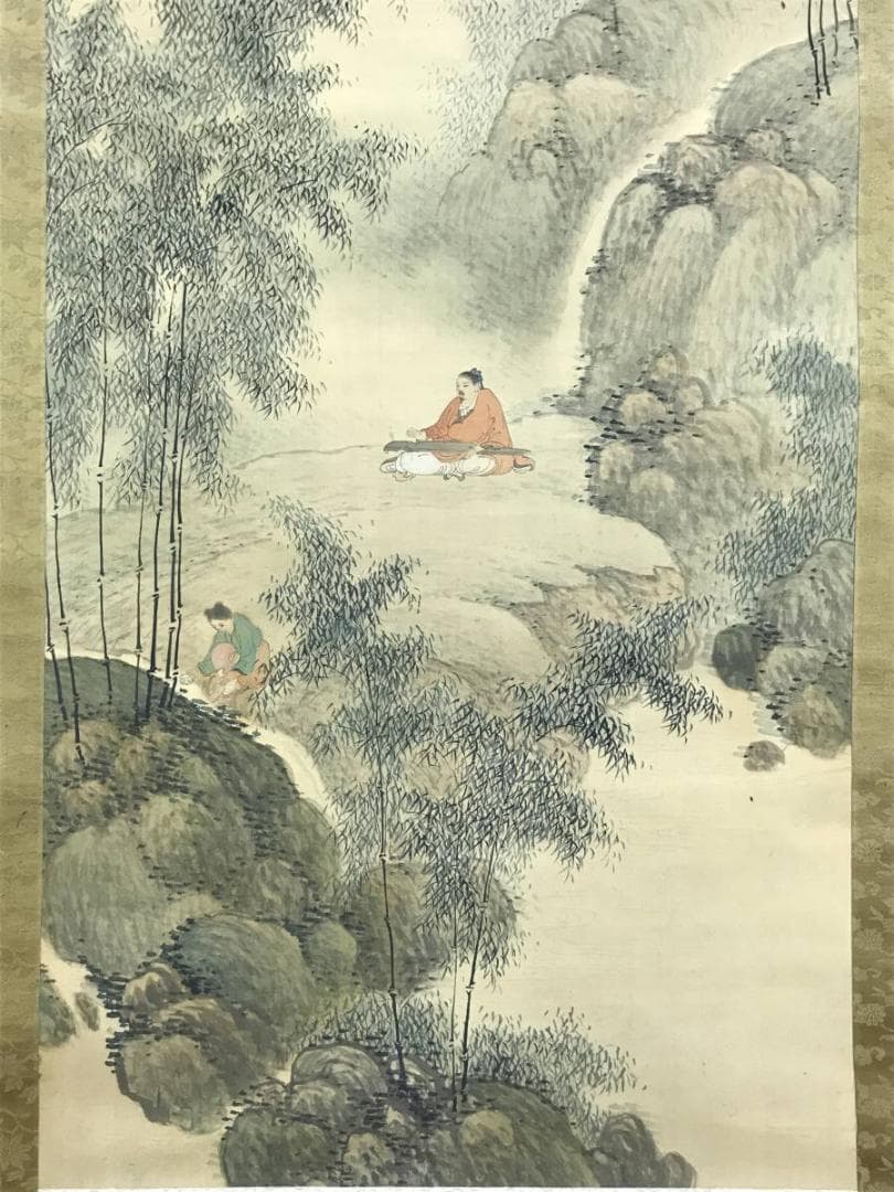 真作/翠村/竹林琴弾図/山水図/竹林山水図/掛軸/名家伝来/AD-880