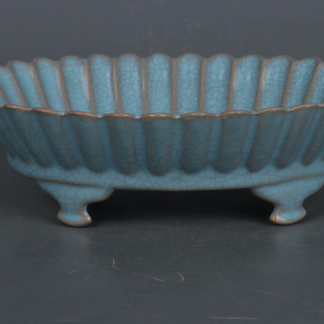 宋汝窯藍釉菊花弁水仙盆 筆洗 書道具 文房具 現代工芸品 美術品 置物