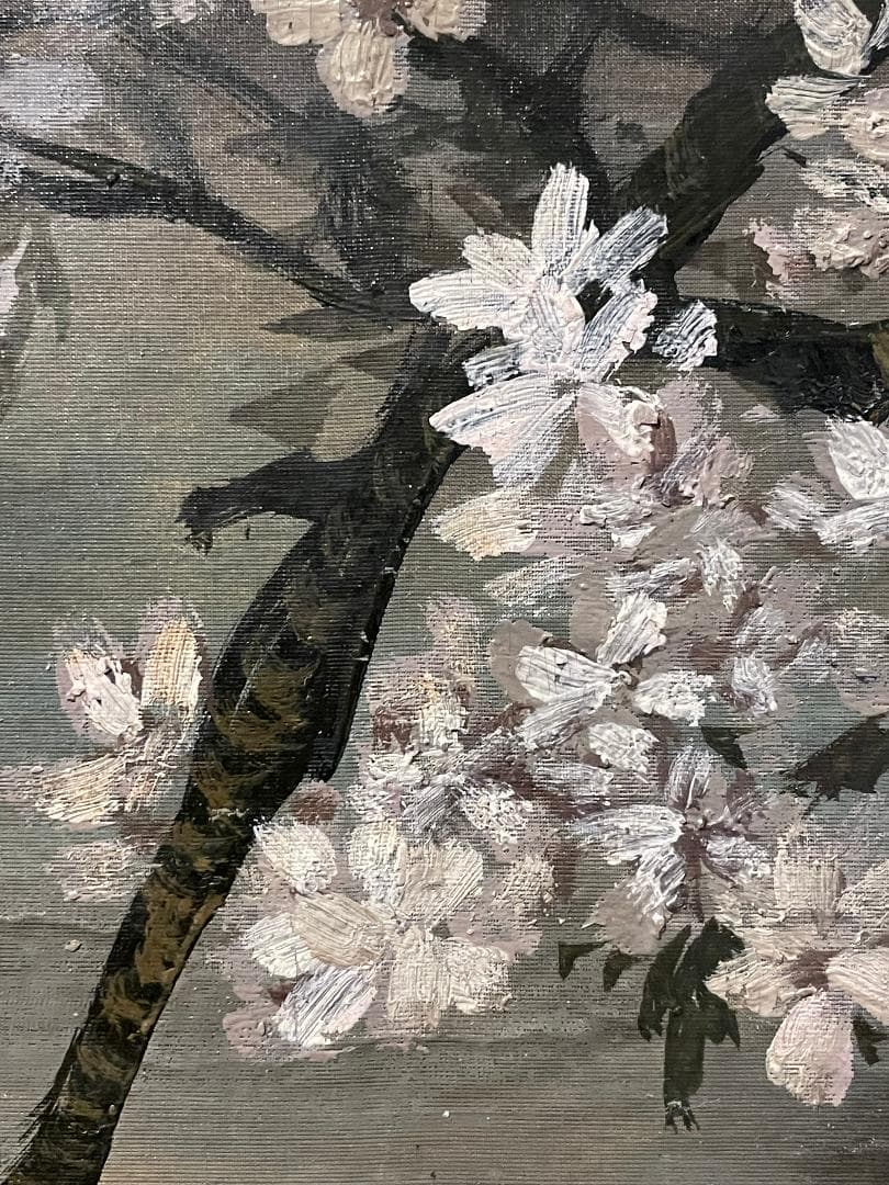「真作」作者不明「桜の図」風景画　油彩画　額装　サイン有り