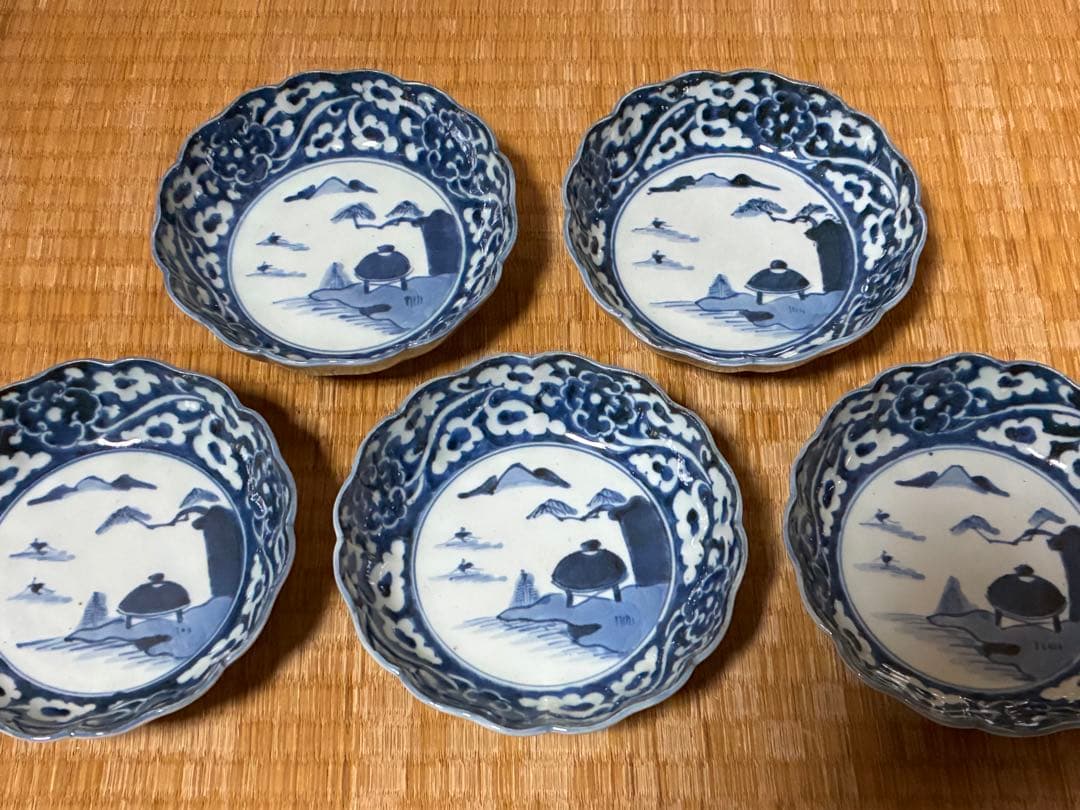古伊万里 染付 風景紋 膾皿 五枚揃い 印あり 時代物
