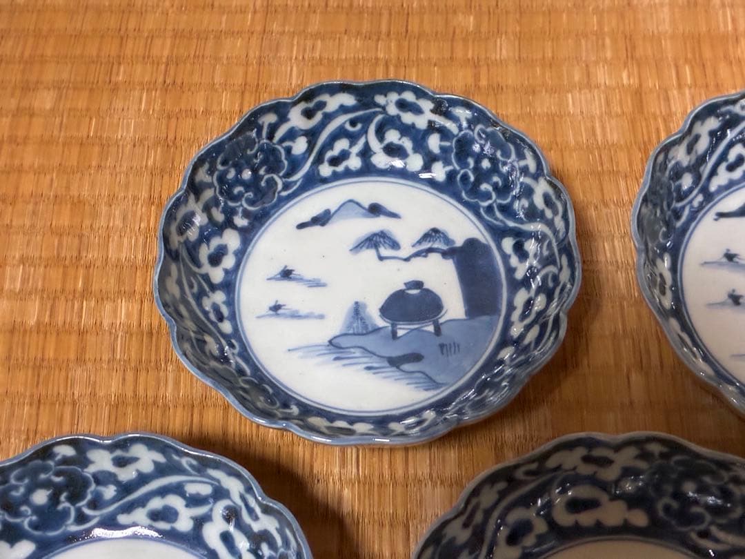 古伊万里 染付 風景紋 膾皿 五枚揃い 印あり 時代物