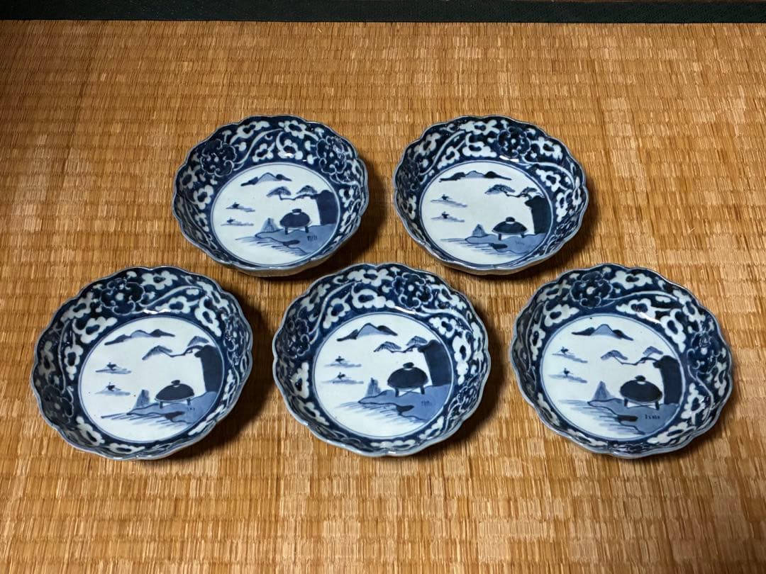 古伊万里 染付 風景紋 膾皿 五枚揃い 印あり 時代物