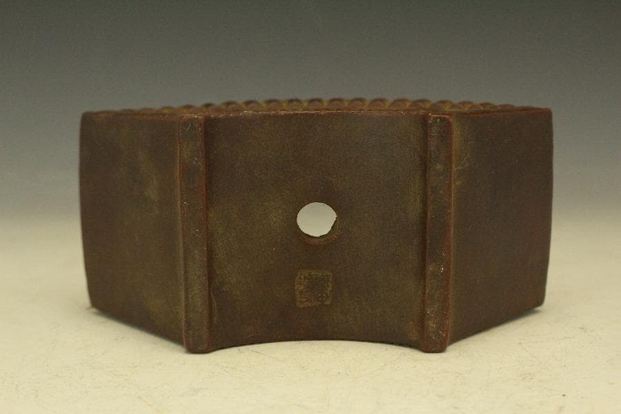 中国美術 朱泥 扇形 花盆 鐡画軒 在印 植木鉢(HA514)