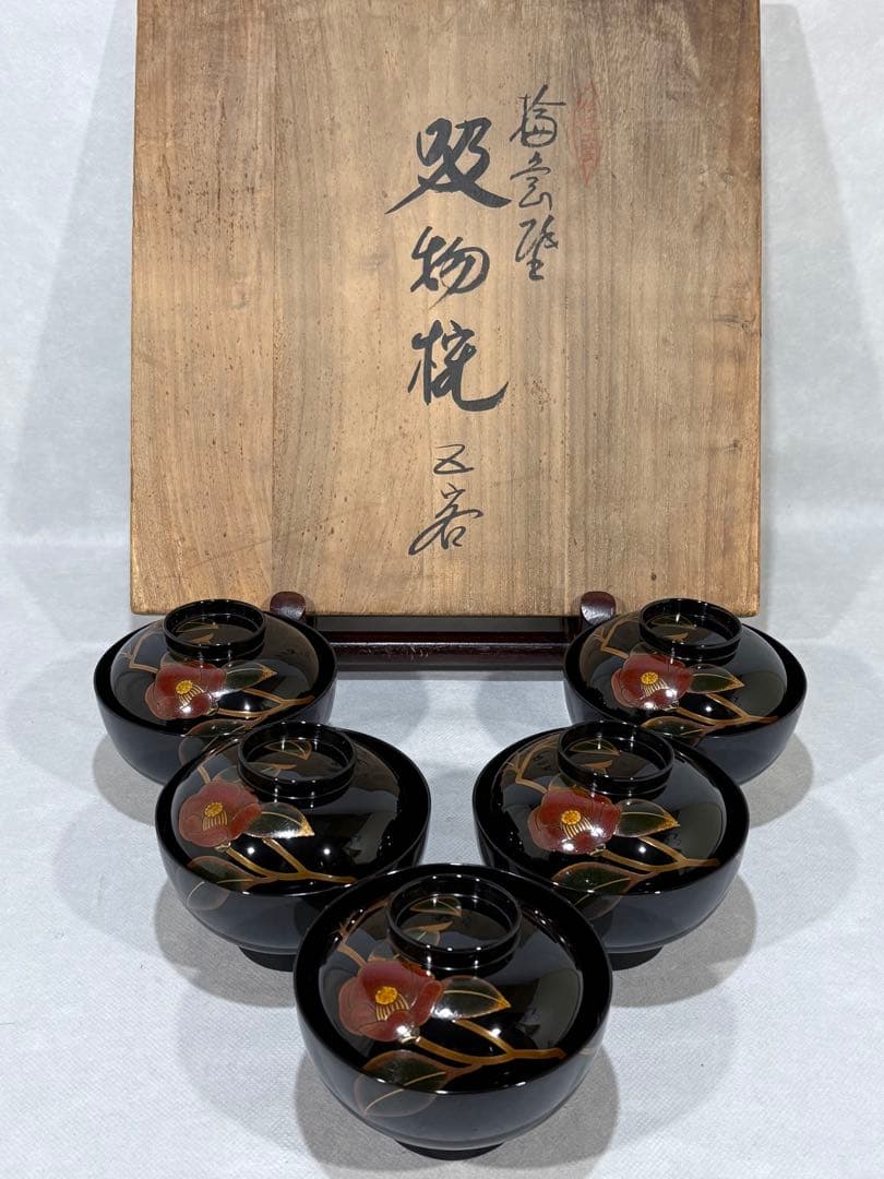 輪島塗　元岡光漆堂謹製　蒔絵師 静峰　塗師 清斉　椿蒔絵 吸物椀五客　美品　共箱