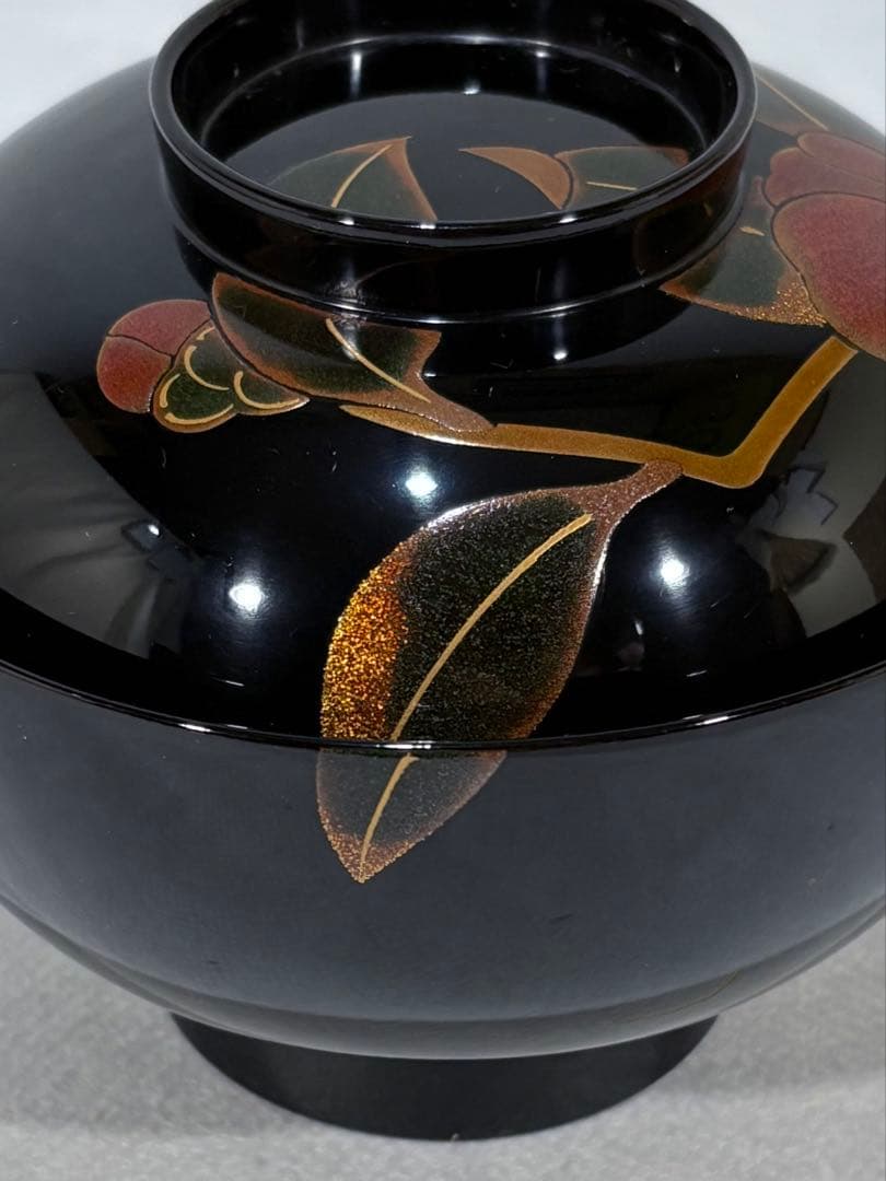 輪島塗　元岡光漆堂謹製　蒔絵師 静峰　塗師 清斉　椿蒔絵 吸物椀五客　美品　共箱