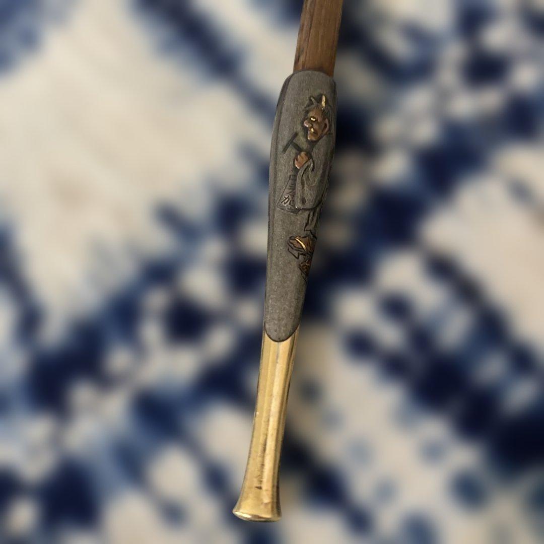 金工師　芳老　煙管　キセル　金口　　在銘　純銀　斑竹