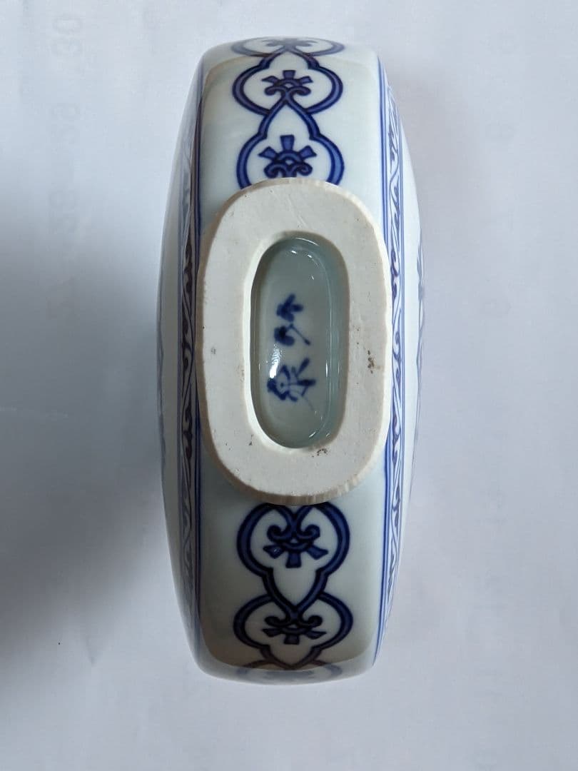 ♦京焼名跡 第四代三浦竹泉造 染付青華文様 扁壺 花器 古美術品 工芸品 骨董品