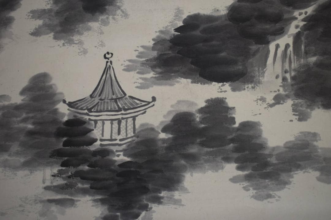 真作/横山雲南/黄仲祥/山水/塔/楼閣/大幅/布袋屋掛軸HK-13