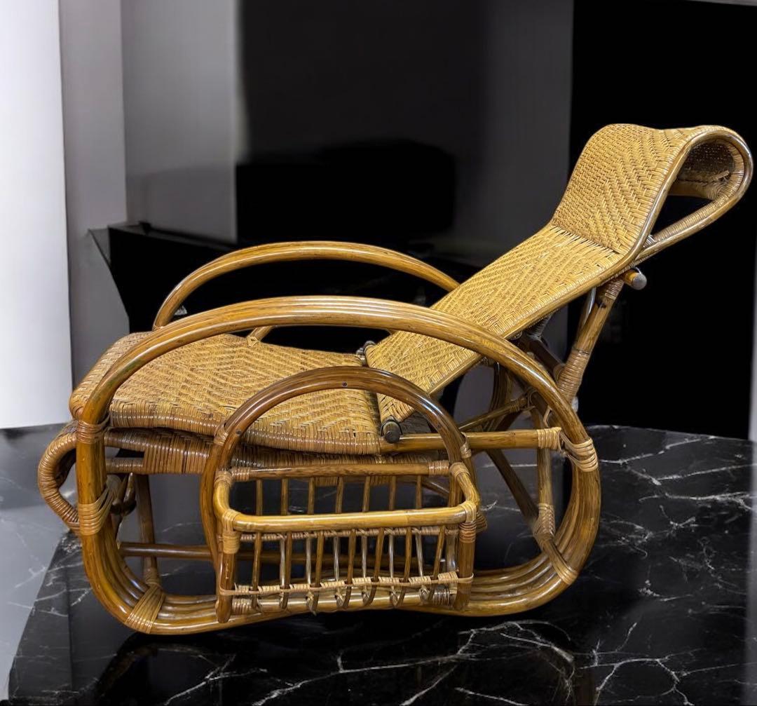 安心のたのメル便★ラタンのリクライニングチェア　オットマン、マガジンラック付き