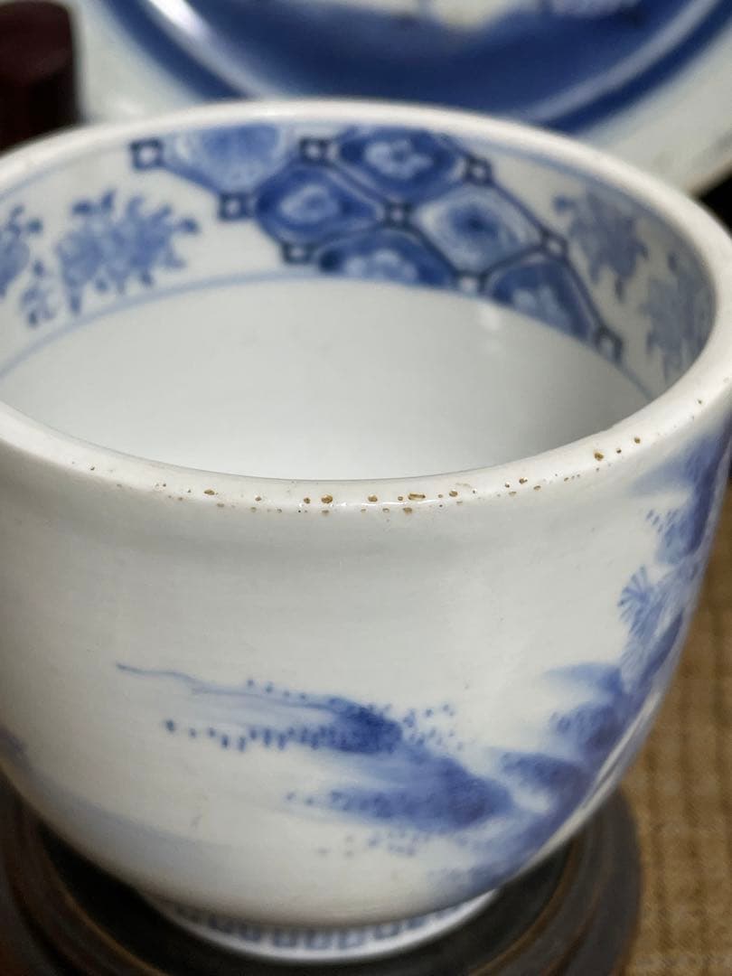 古平戸焼 染付 松竹に龍虎の図 蓋付湯呑 み茶碗 茶道具 江戸時代