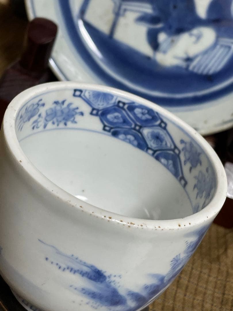 古平戸焼 染付 松竹に龍虎の図 蓋付湯呑 み茶碗 茶道具 江戸時代