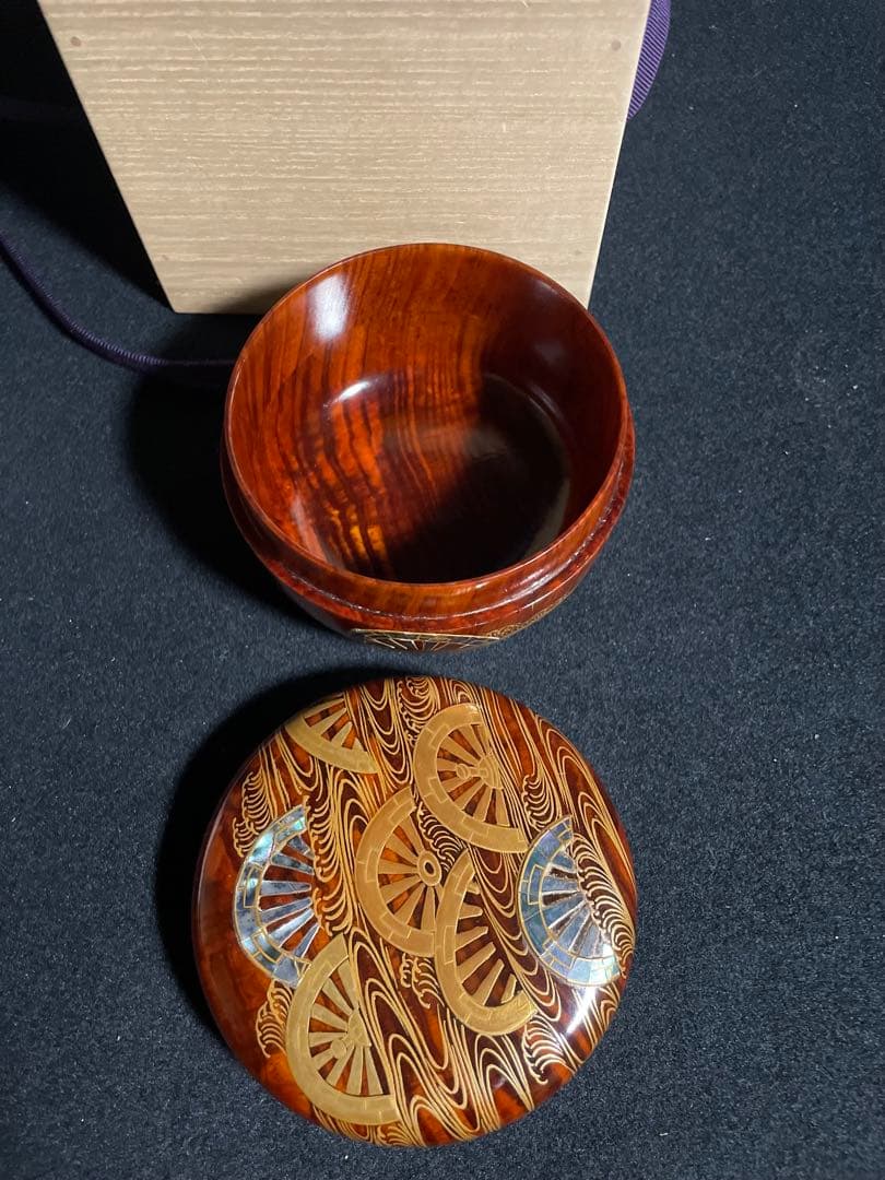 加賀蒔絵　松浦寛子作 恭永監修　螺鈿金蒔絵棗　御所車蒔絵 共箱付 高級茶道具