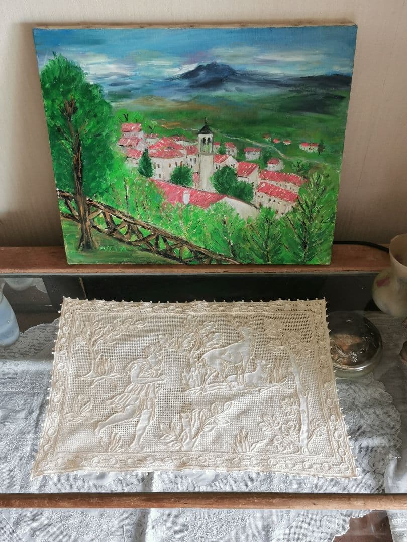 アンティークイタリア ブラットレース刺繍マット 森林の女神と鹿 狩りの神話 古典