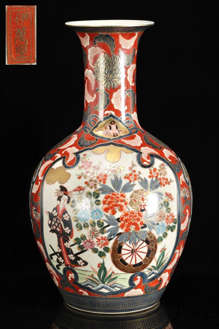伊万里焼 大型花瓶 飾壺 45.5㎝ 赤絵金彩 美人花車図 伊萬里 古美術 骨董