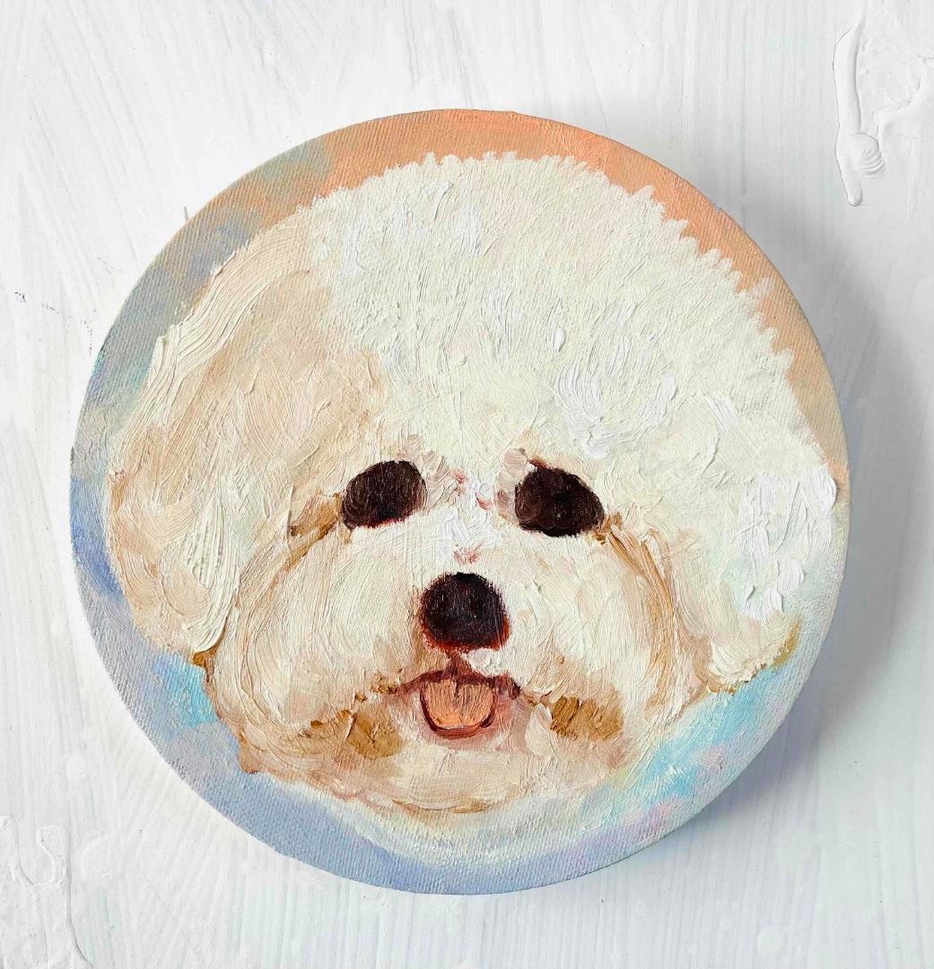 絵画 『ペロ』原画 油彩 直径20cm　犬　DOG 絵画 丸形アートパネル