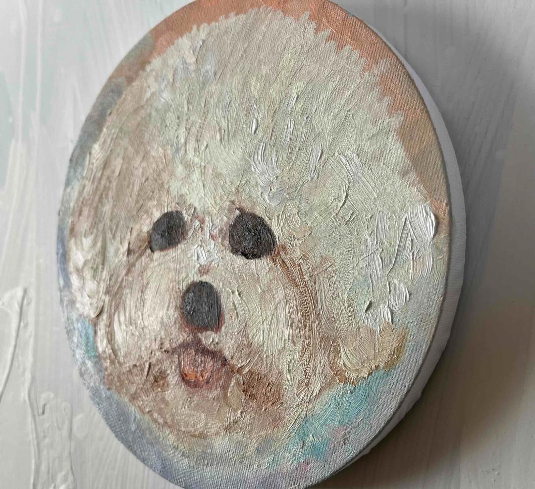 絵画 『ペロ』原画 油彩 直径20cm　犬　DOG 絵画 丸形アートパネル