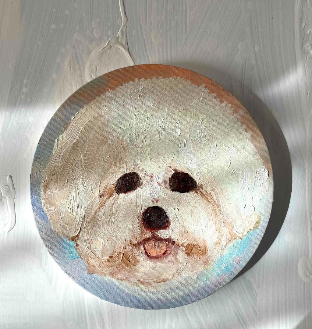 絵画 『ペロ』原画 油彩 直径20cm　犬　DOG 絵画 丸形アートパネル