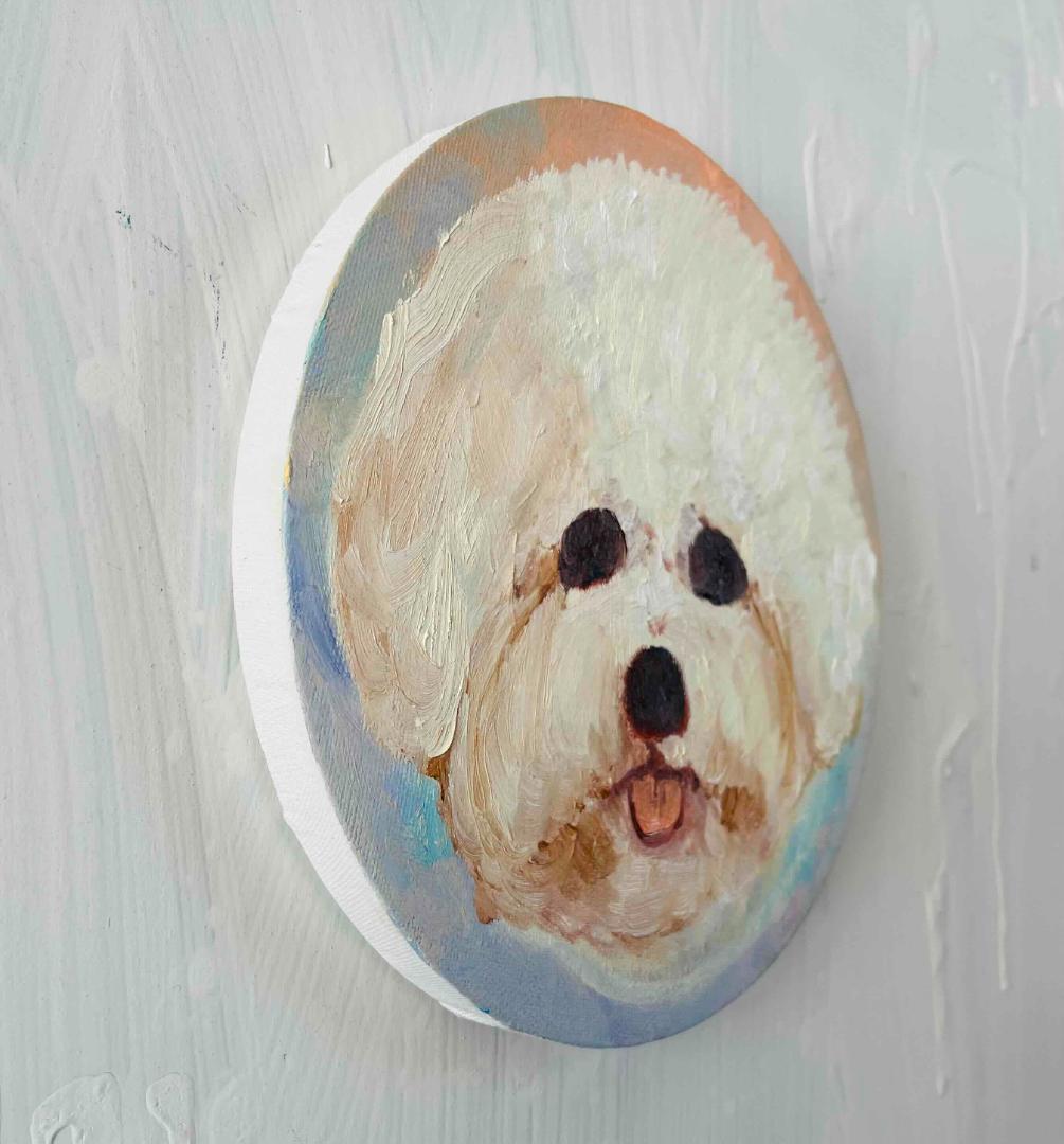 絵画 『ペロ』原画 油彩 直径20cm　犬　DOG 絵画 丸形アートパネル