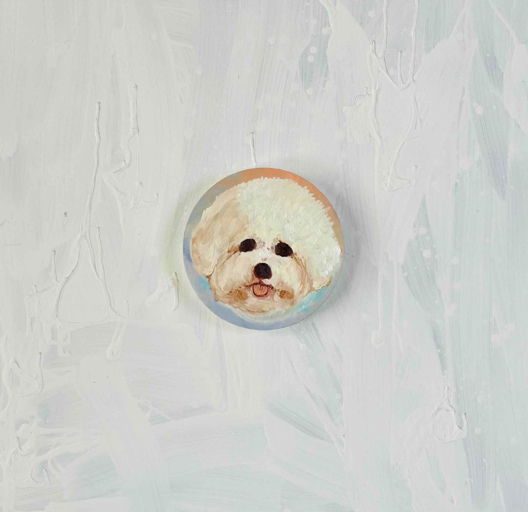 絵画 『ペロ』原画 油彩 直径20cm　犬　DOG 絵画 丸形アートパネル