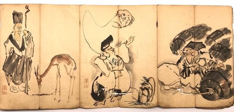 【 渡辺崋山 画帖 】　江戸時代　肉筆手控帖　七福神・鍾馗・花鳥・山水ほか