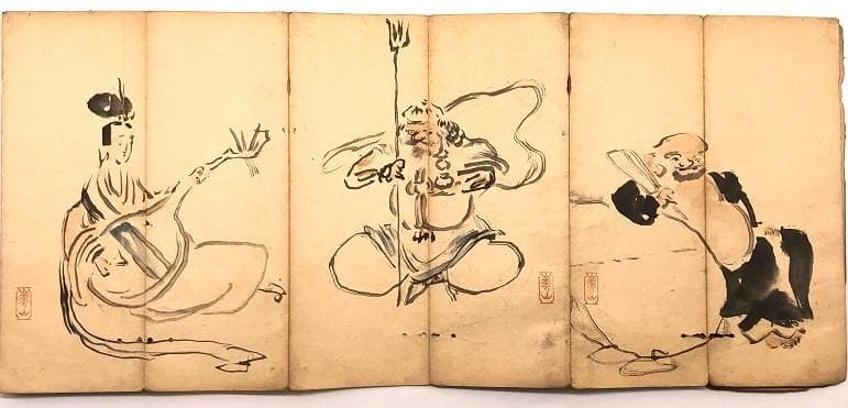 【 渡辺崋山 画帖 】　江戸時代　肉筆手控帖　七福神・鍾馗・花鳥・山水ほか