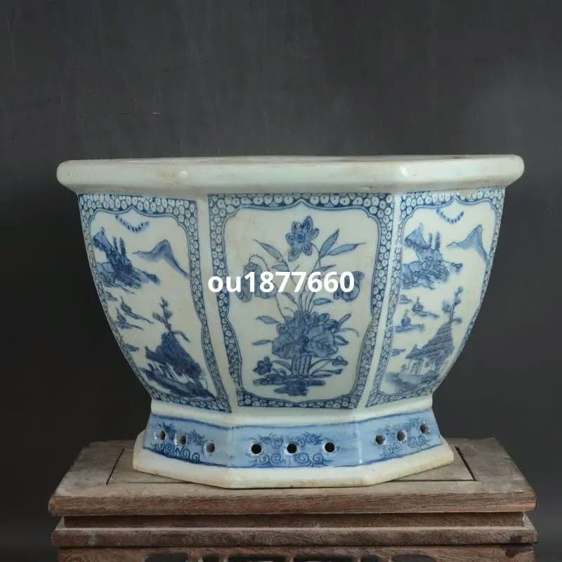 八方青花亭台楼高足鉢 盆栽鉢 植木鉢 多肉植物鉢 小品盆栽鉢 山野草鉢