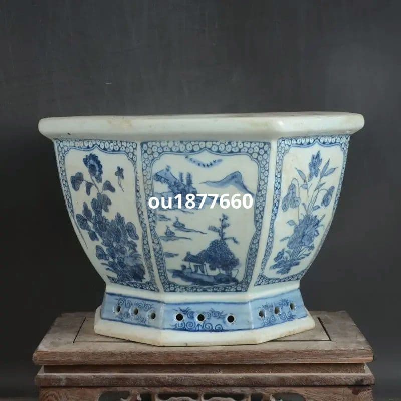 八方青花亭台楼高足鉢 盆栽鉢 植木鉢 多肉植物鉢 小品盆栽鉢 山野草鉢