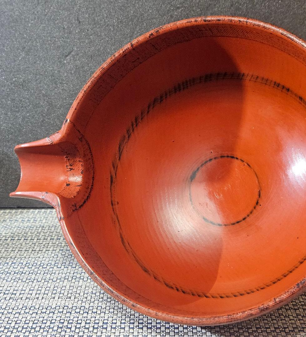 天然木　くり貫き造　朱漆塗　根来仕上　口縁布張　片口椀　酒次　酒器　未使用品！