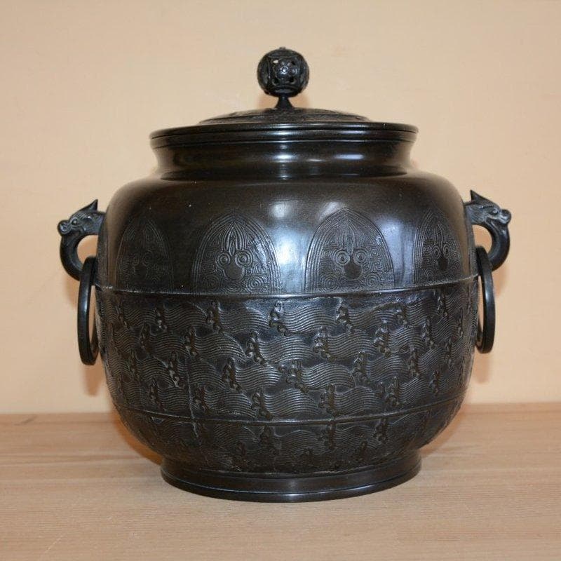 唐銅繰口水指　蕨波地紋　西村道也造　極：十三代宮崎寒雉　茶道具　古物　送料無料