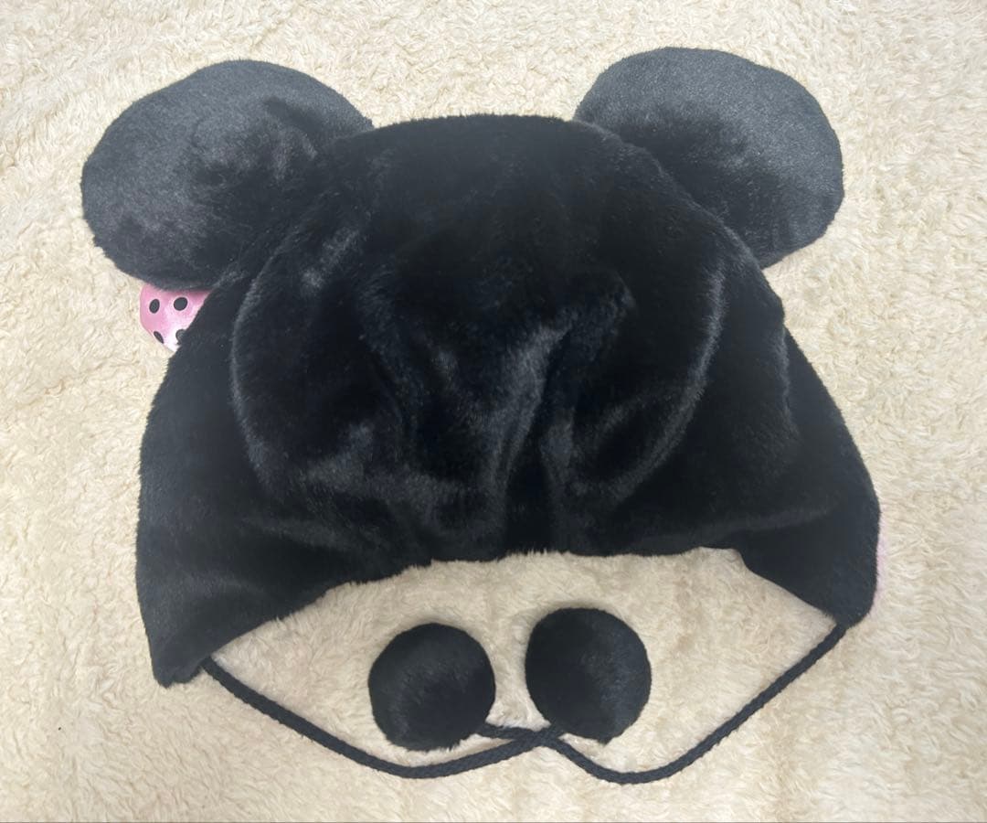 ミニーちゃん ファンキャップ 黒 ピンク リボン付き