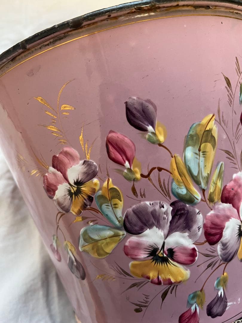 希少♡フランスアンティーク　ピンク　手描き　ホーロー　バケツ　ハンドペイント