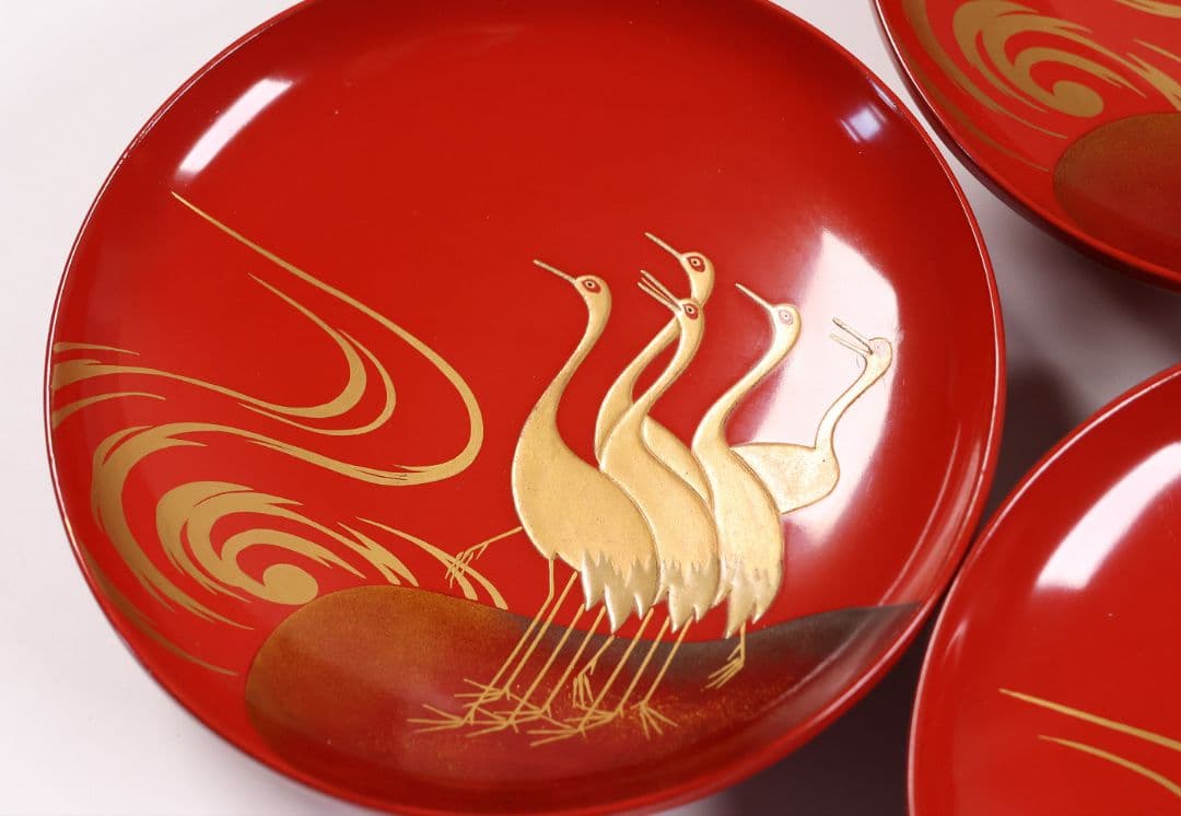 【CM374】時代木製漆器 光琳写 金蒔絵 群鶴図 朱塗 引盃 五客 小皿 杯