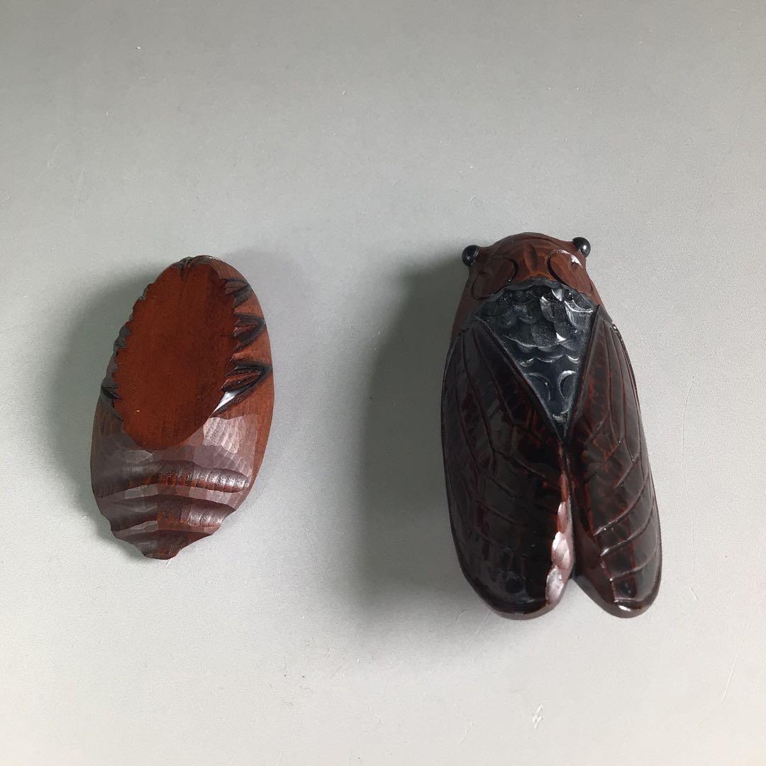 Ｒ６６１　香合　『海田雅孝作』『木彫』『蝉セミ香合』　共箱　茶道具　木工芸