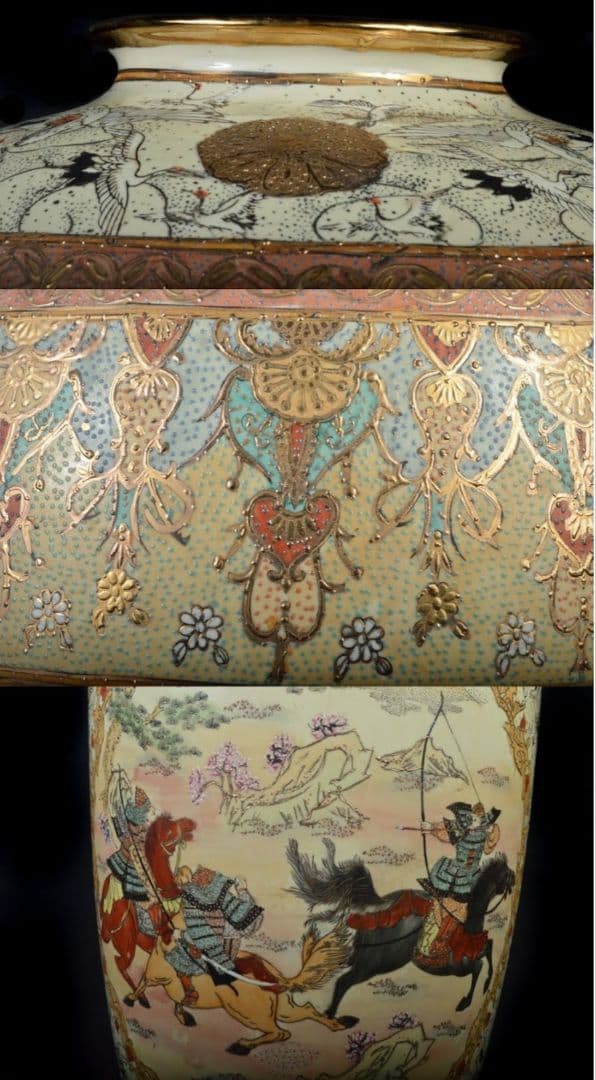 【大型82cm 美品】薩摩豪華絢爛 金襴手武士細密絵付 特大花瓶 飾り壷 大壺