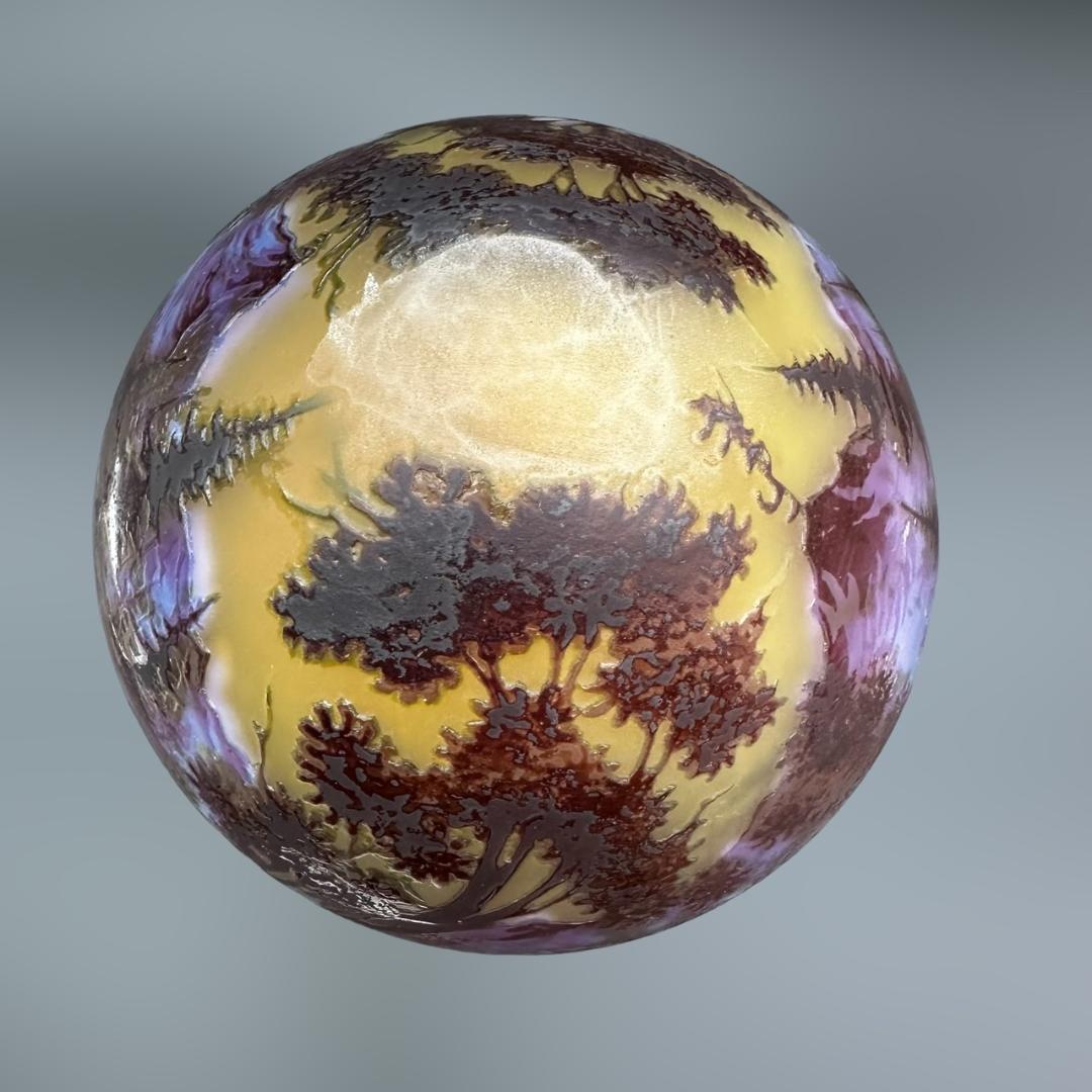 エミールガレ 2灯　山景文　台座真鍮　カメオ彫り　被せガラス　高さ32cm